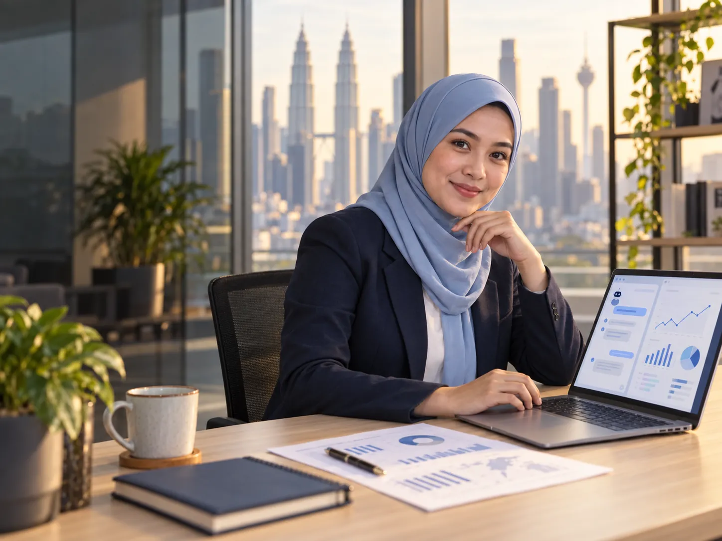 A professional using an AI assistant alongside a data dashboard on her laptop
